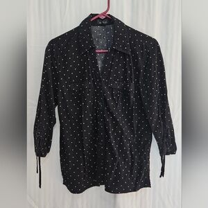 Erika Buttonup Top - 3/4 Sleeves Black/White Polkadot Collared - Size S